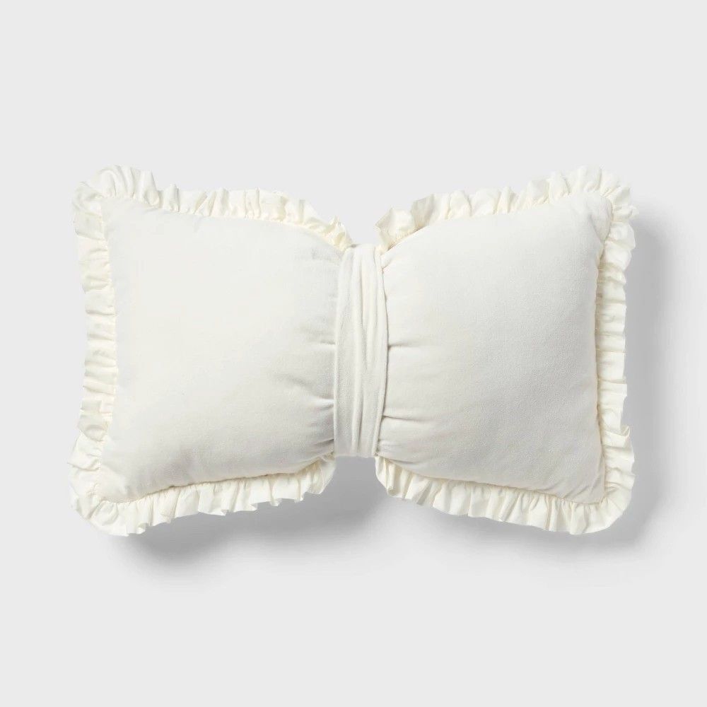 Pillowfort Velvet Bow Kids Decorative Throw Pillow Cream Soft Accent